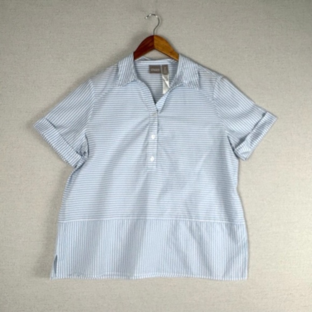 Chicos Popover Blouse Womens 2/L Blue Stripe Cotton Short Sleeve Coastal Preppy